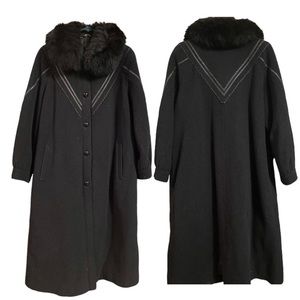 Vintage 70s 80s Fur Wool Pea Trench Coat Long Leather Inserts Button Down Warm